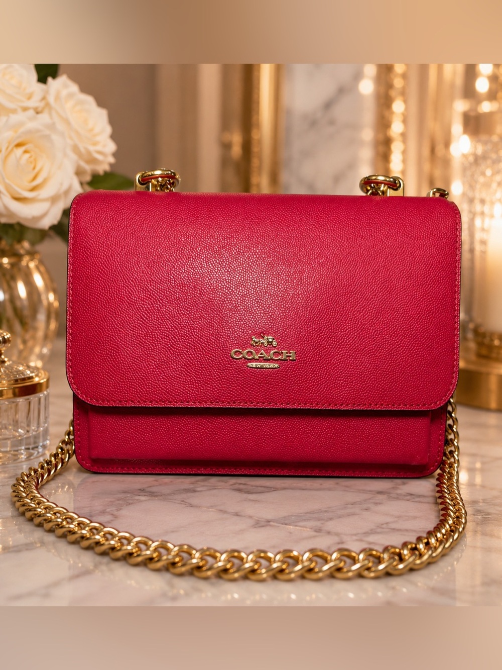 Coach Pebbled Leather Chain Crossbody / Wallet Bag – Bright Red & Gold Hardware